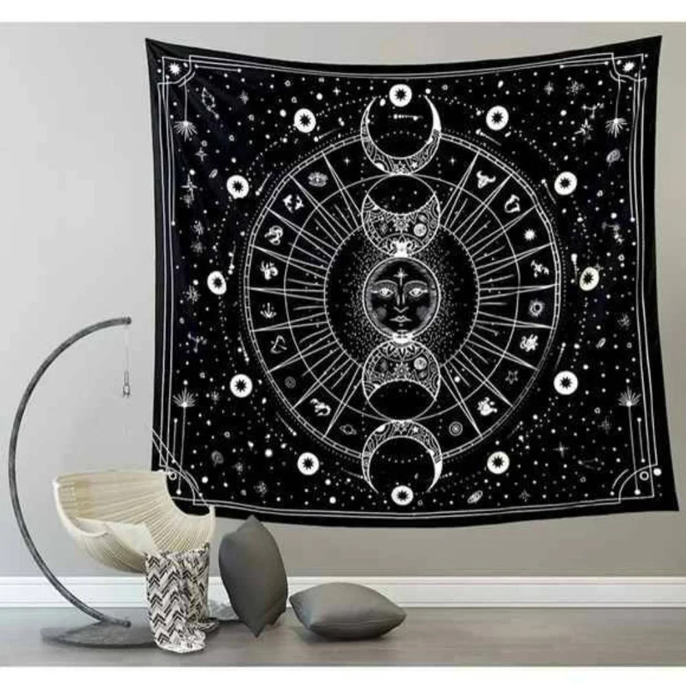 Sun Moon Tapestry Black and White Wall Tapestry